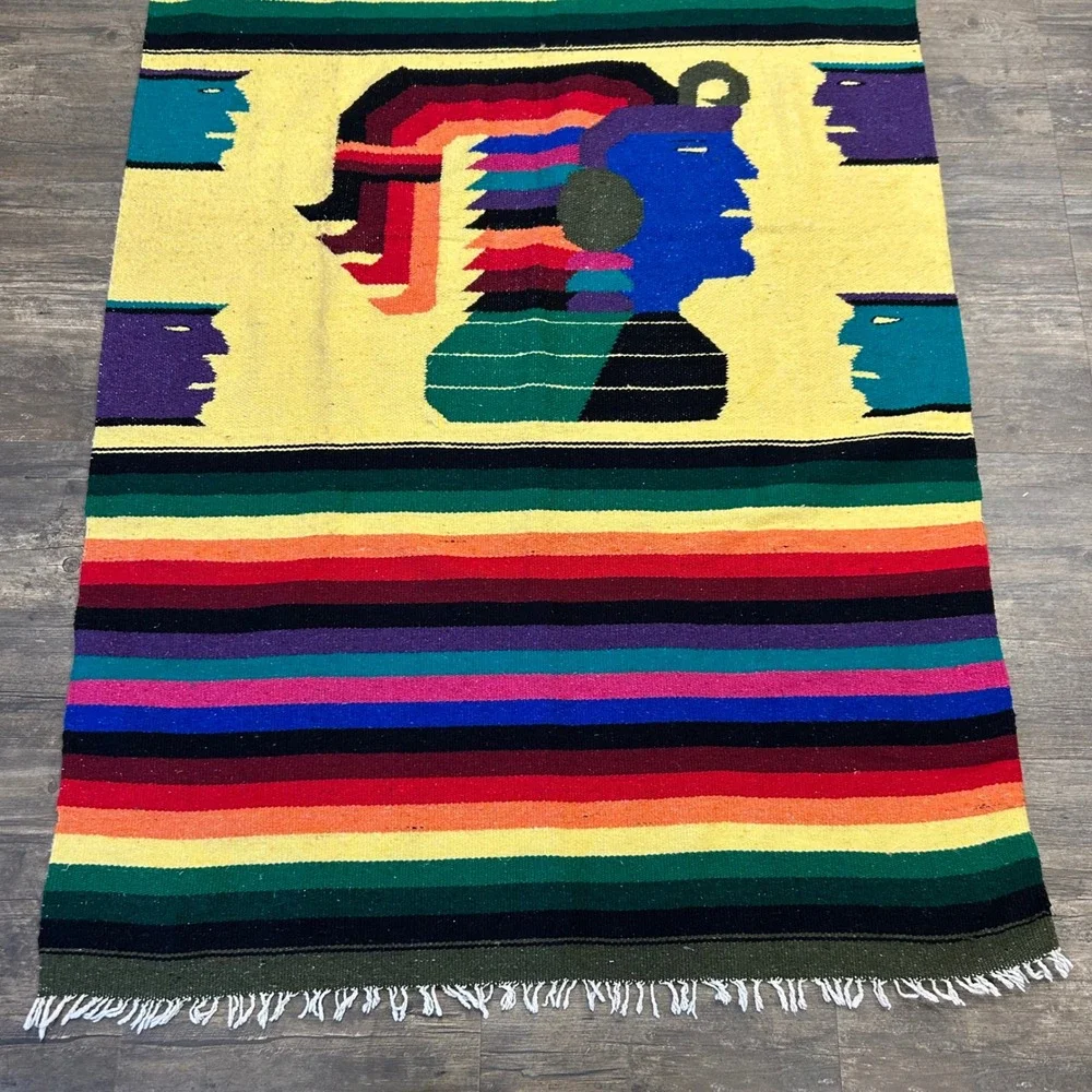 Vintage Mayan Inca‎ Aztec Warrior Blanket Fringe Bright Color Striped Native